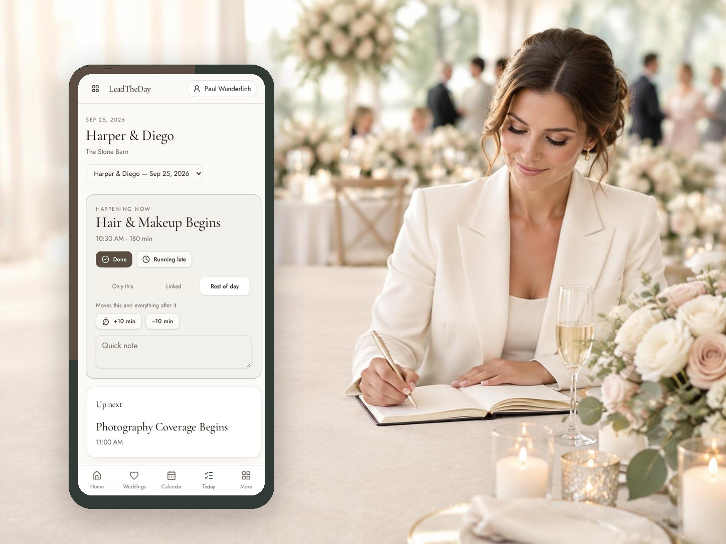 Wedding coordinator at a bright reception beside the current LeadTheDay mobile Today screen